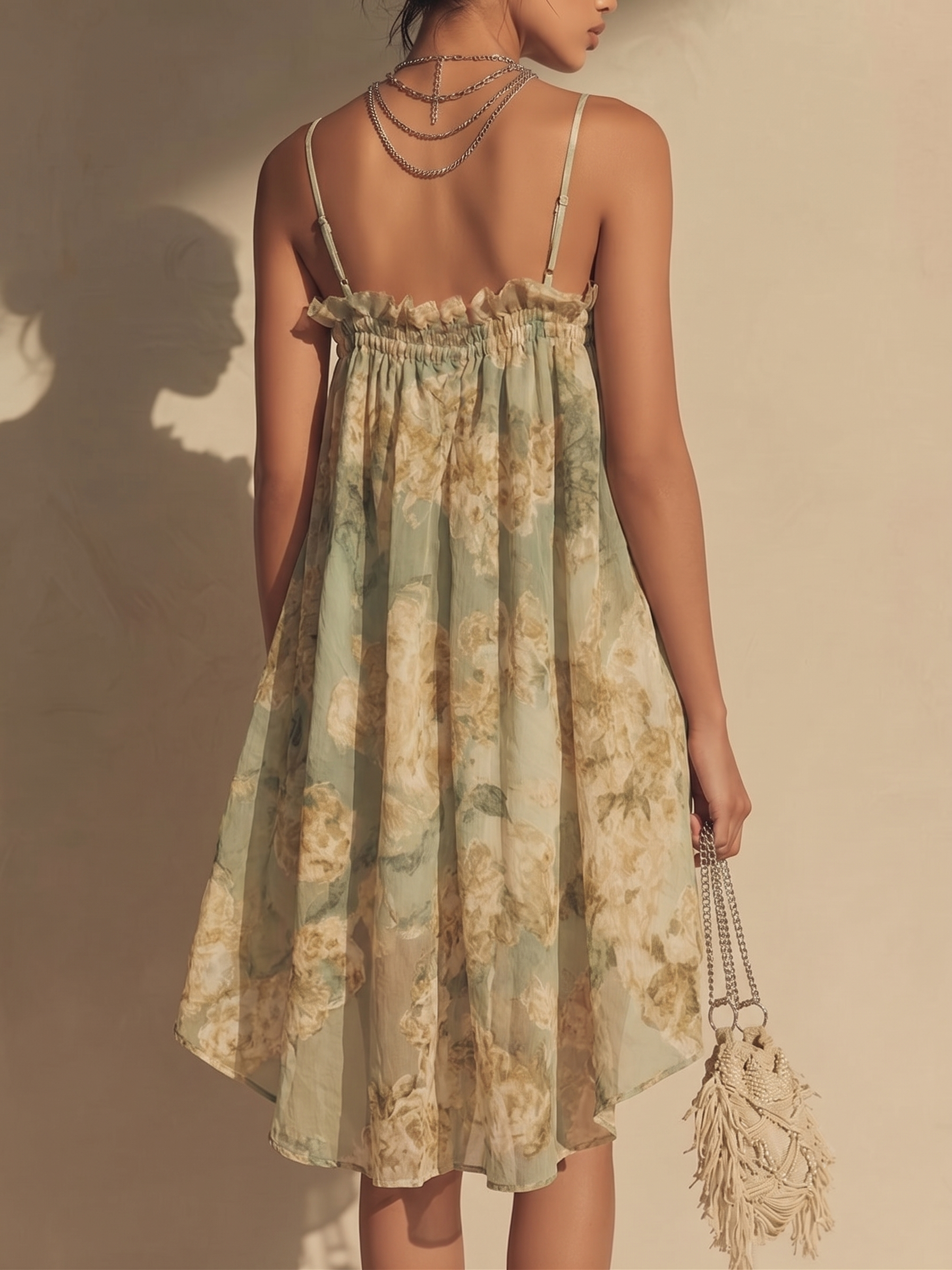 Irregular Green Floral Chiffon Dress with Ruffles