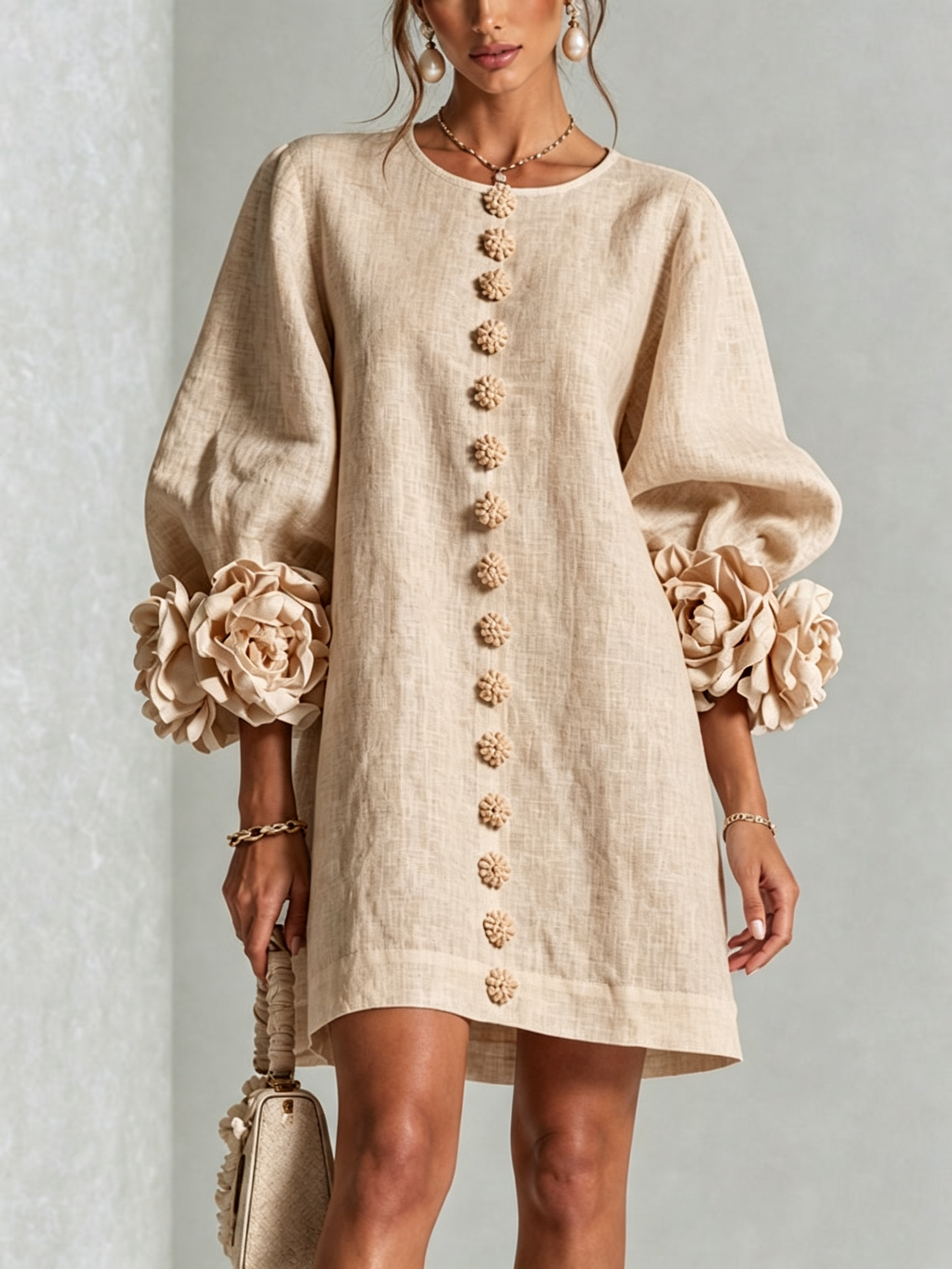 White Floral Button-down Mini Dress With Striking Floral Cuffs