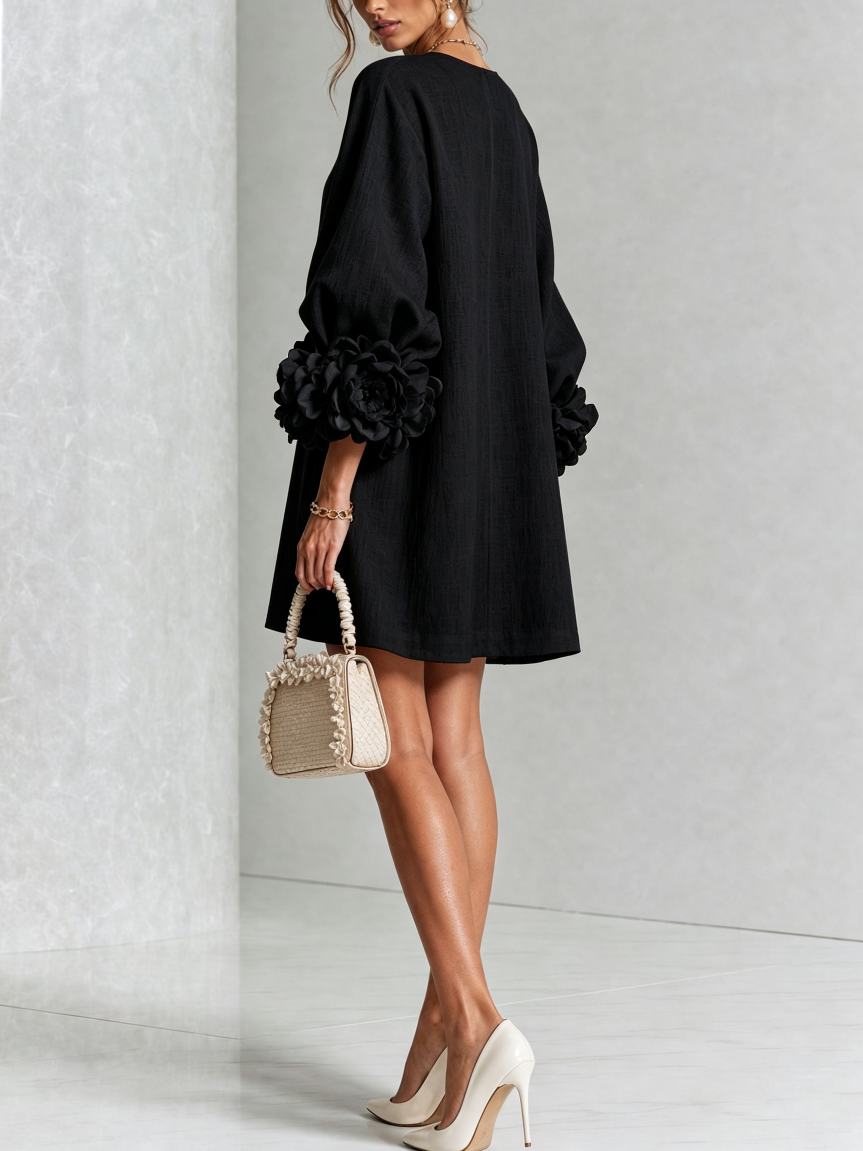 White Floral Button-down Mini Dress With Striking Floral Cuffs