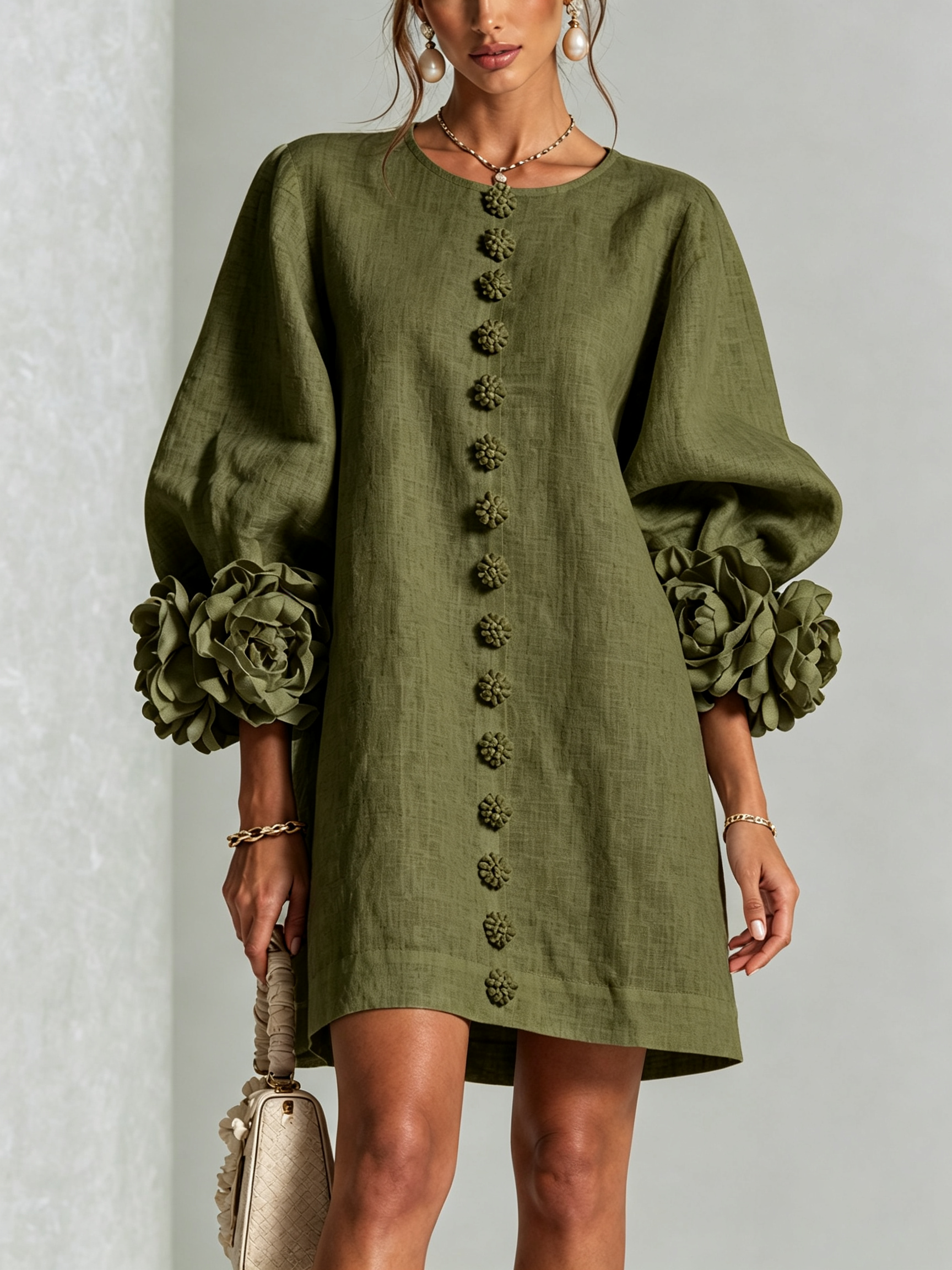 White Floral Button-down Mini Dress With Striking Floral Cuffs