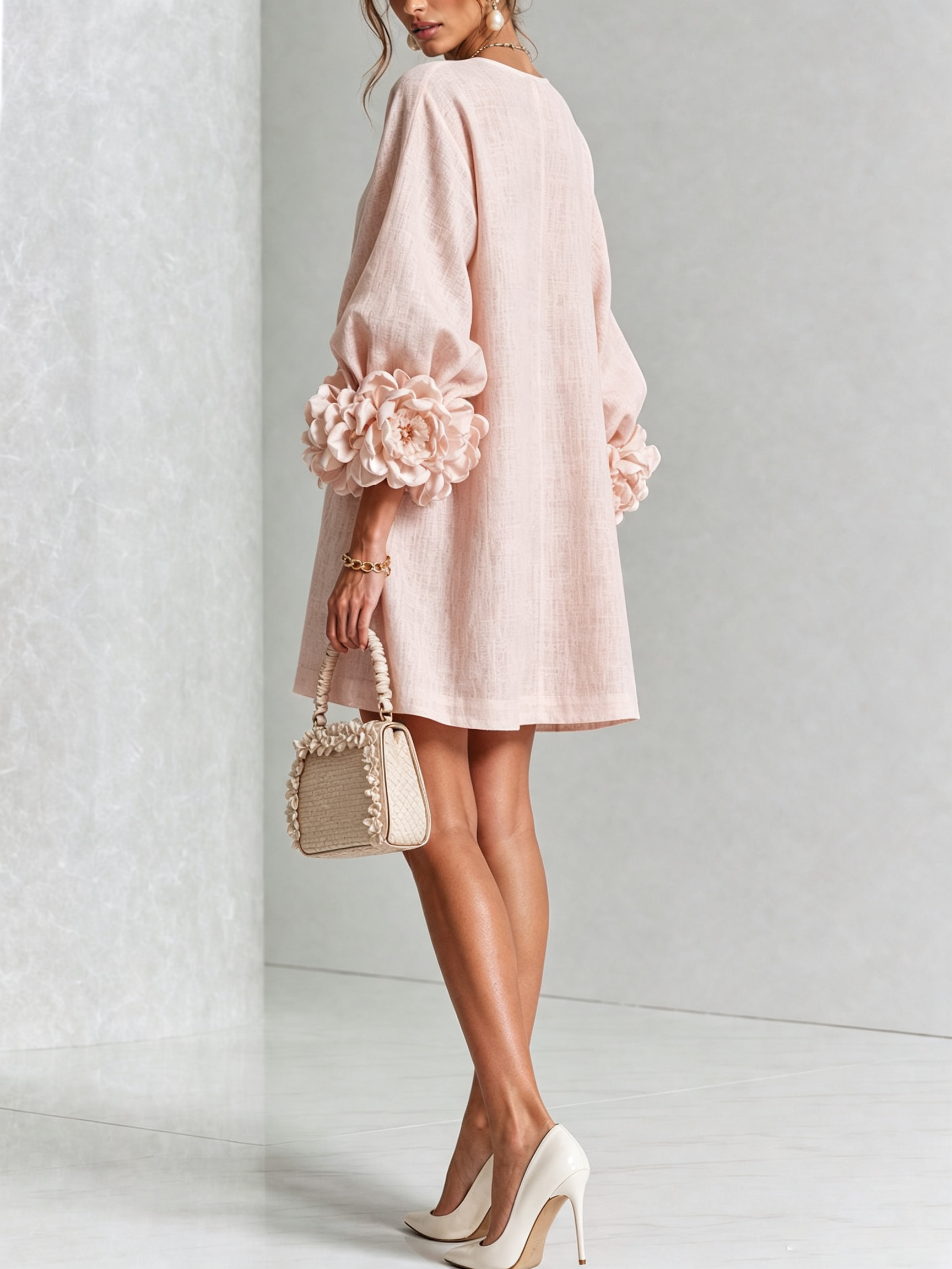 White Floral Button-down Mini Dress With Striking Floral Cuffs