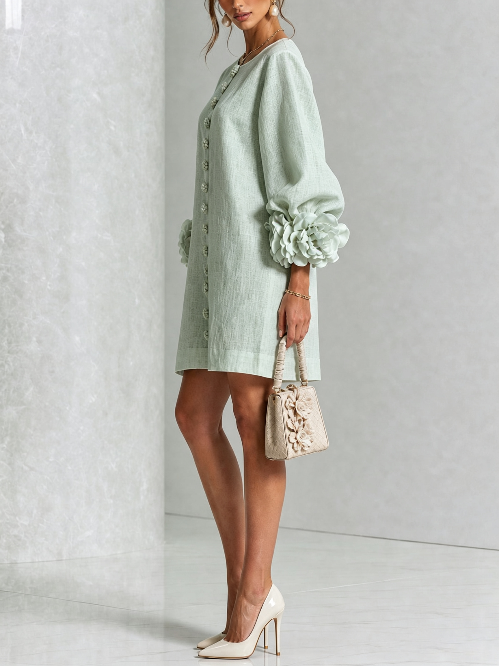 White Floral Button-down Mini Dress With Striking Floral Cuffs