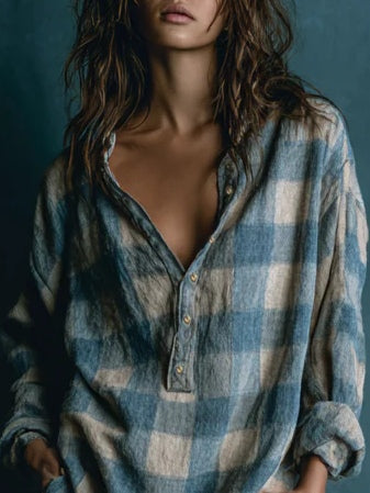 Long Sleeve Mini Dress with Blue and White Plaid Henley Collar