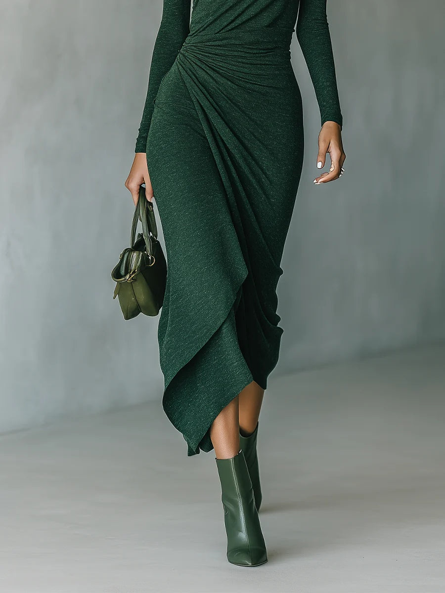Marcella™ - Asymmetric wrap midi dress with pleats and high collar in dark green
