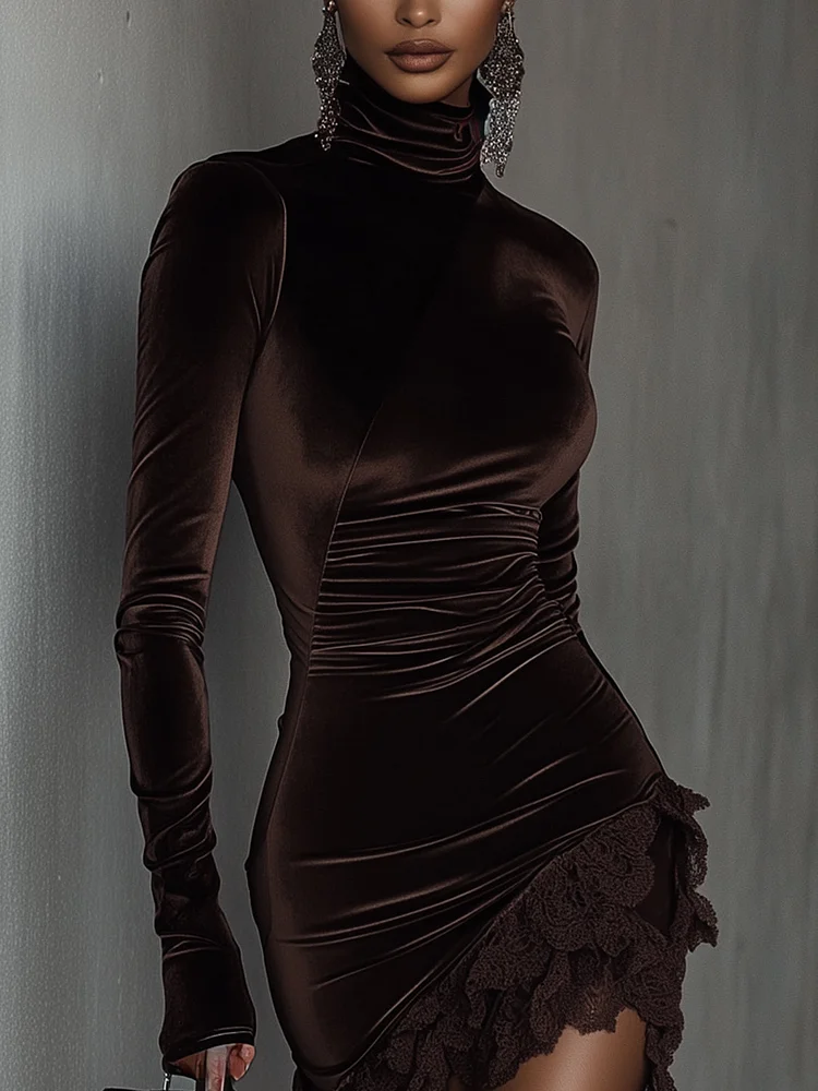 Chocolate Velvet Mini Fitted Dress with High Collar and Lace Trim