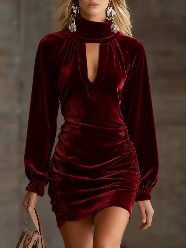 Mini Ruffled Velvet Dress with High Neck and Cutout