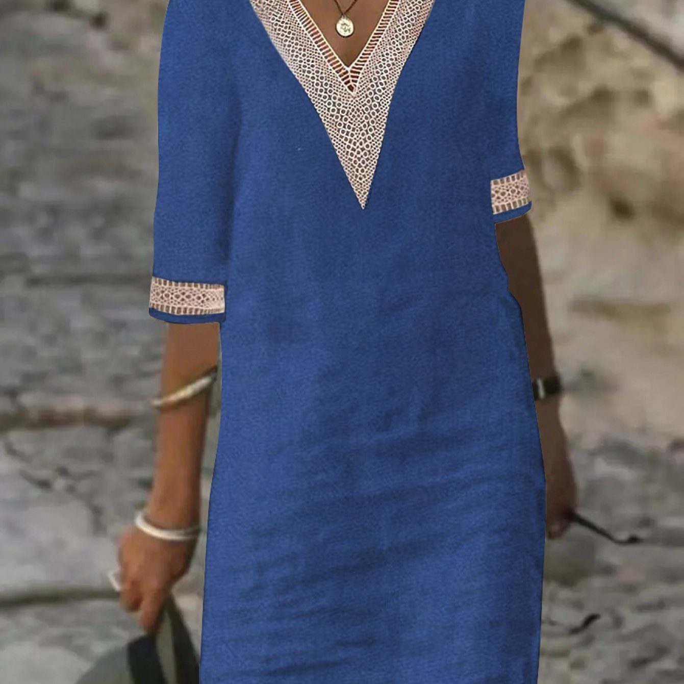 Angelica | Linen-blend Color V-Neck with Lace Trim