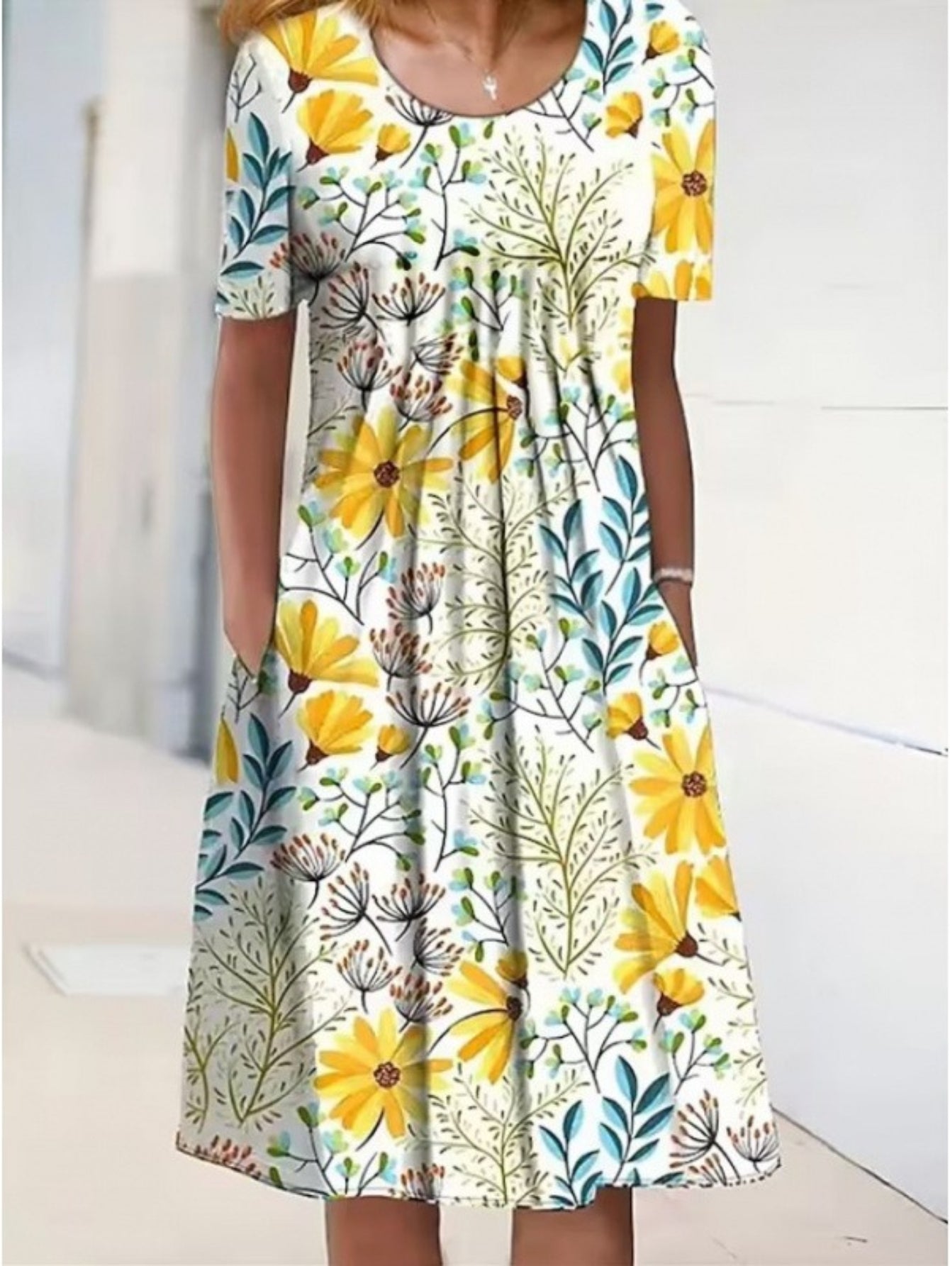 Floral Round Neck Pocket Midi Dress | Spring Summer Women'S Casual Feminine Gown, Modern Artistic Design, Layered Chic Look, Relaxed Everyday Style