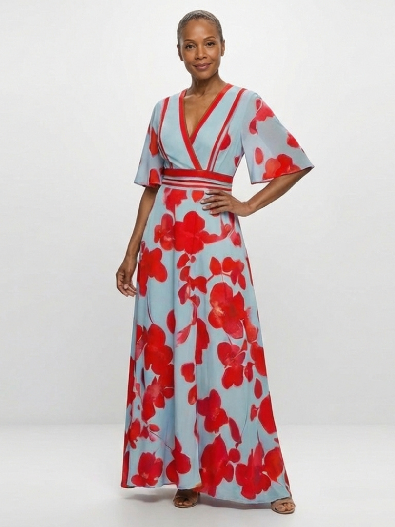Hayes & Tate™ | V Neck Short Sleeve Floral Maxi Dress