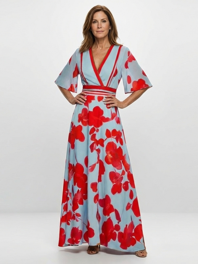 Hayes & Tate™ | V Neck Short Sleeve Floral Maxi Dress
