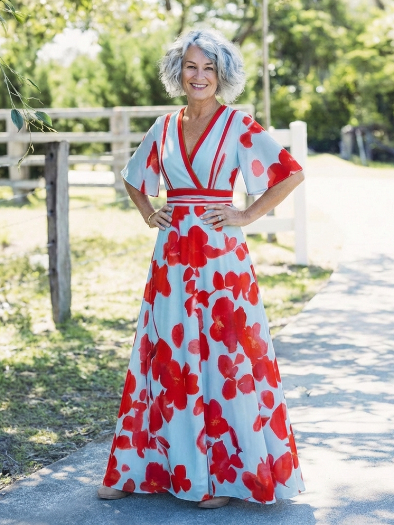 Hayes & Tate™ | V Neck Short Sleeve Floral Maxi Dress