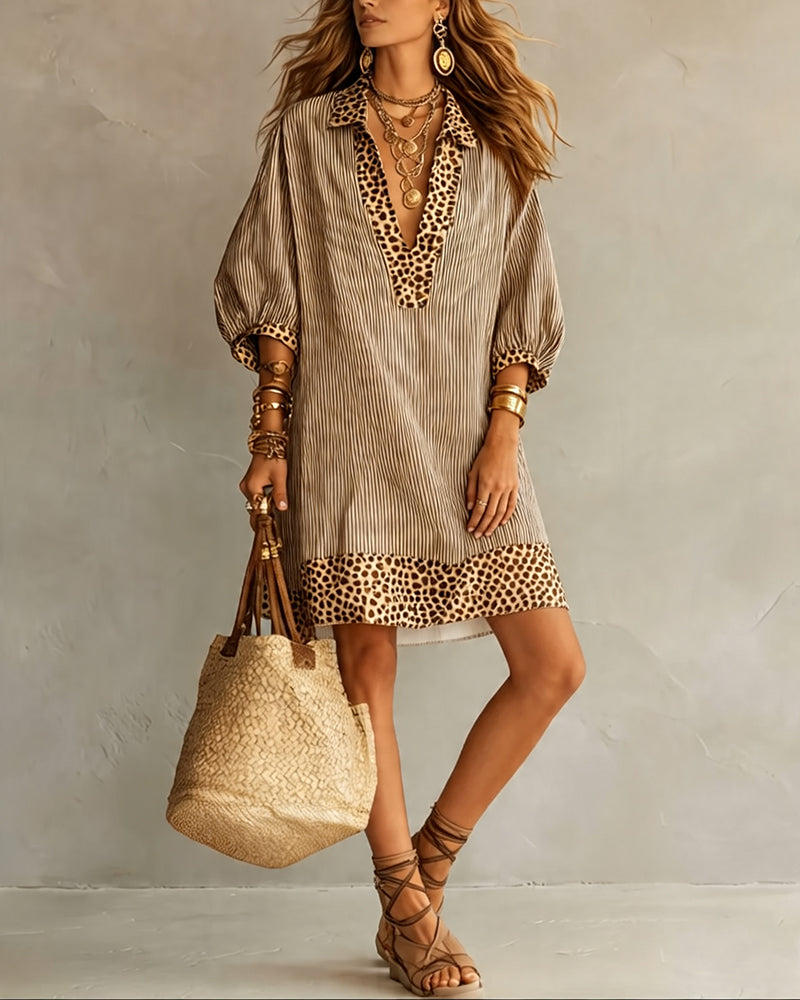 Carly | Leopard Print Panel Puff Sleeve Striped Shirt