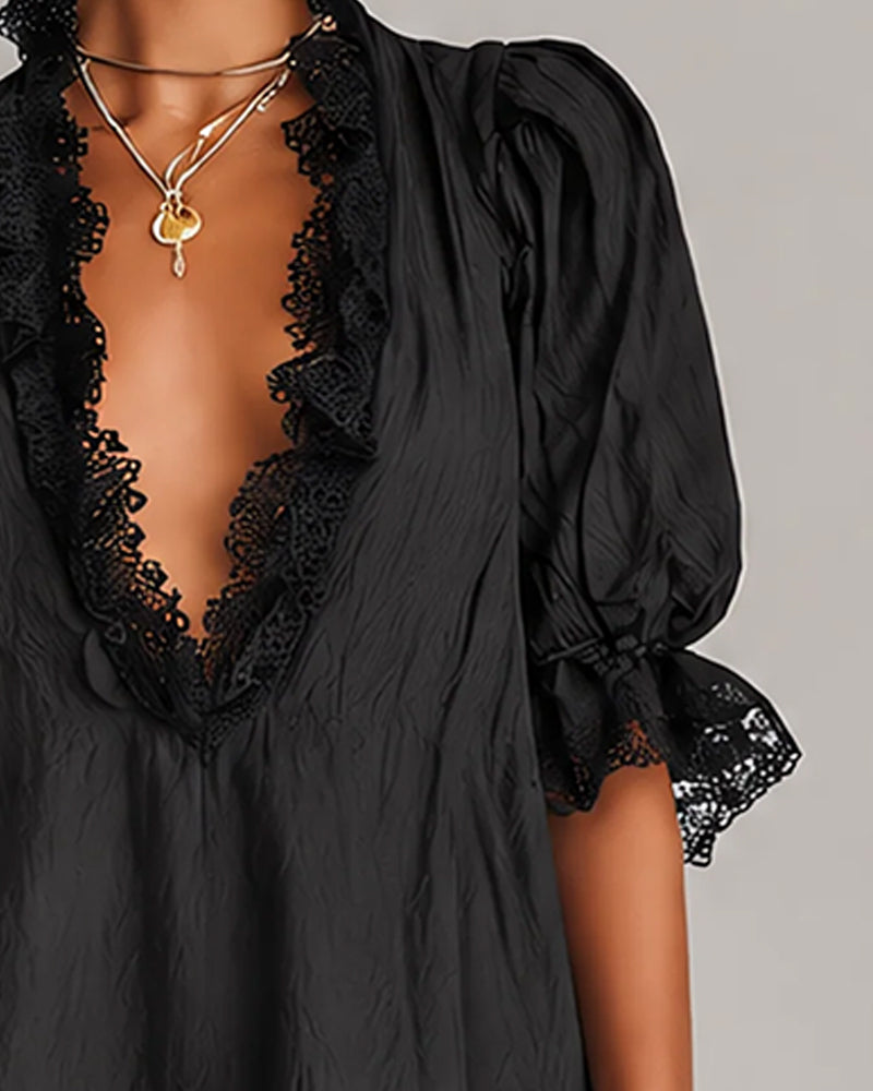 Elodie | Lace-Trim V-Neck Mini Dress
