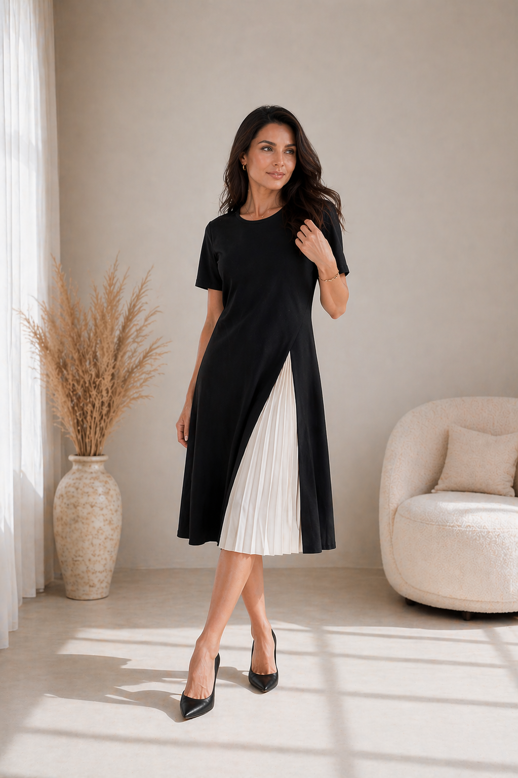 ELVENA™ | Pleated Panel Midi Dress