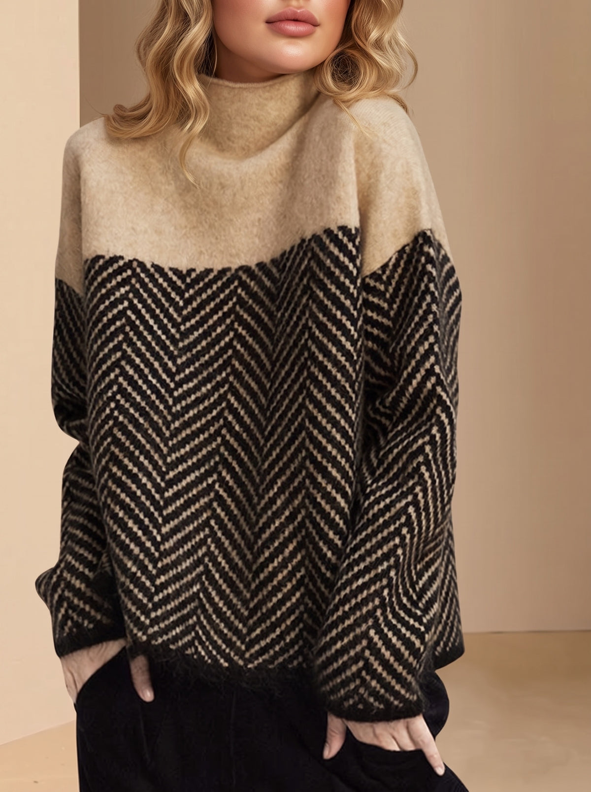 Sloane | Khaki Turtleneck Patchwork Knit Pullover