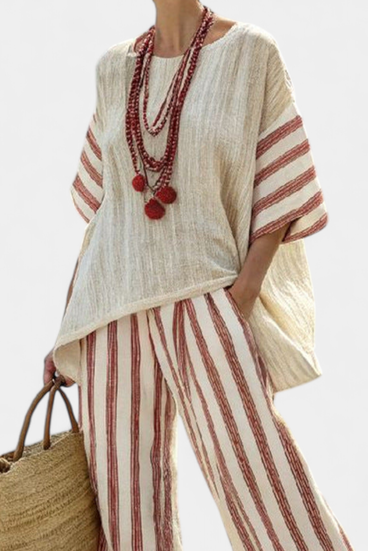 Braelith | Elegant Rustic Striped Top & Cream Pants