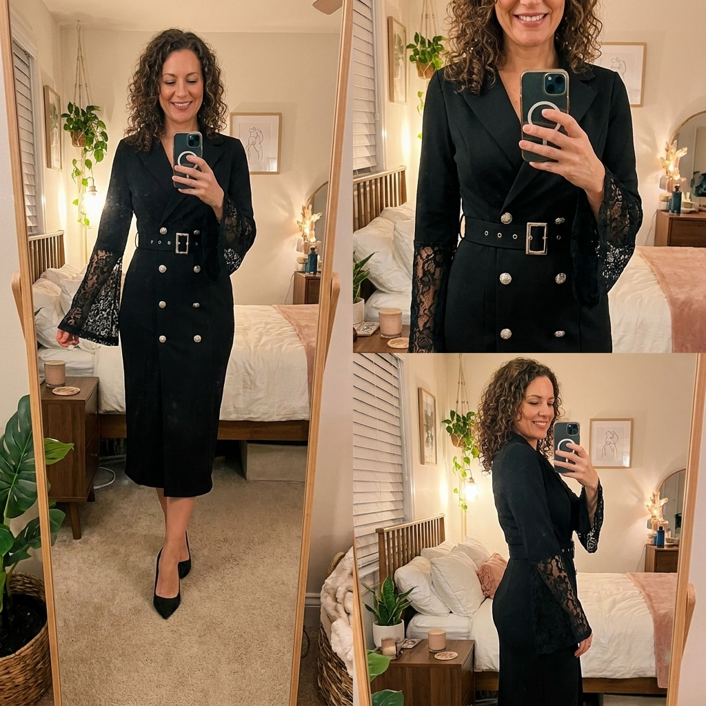 ELVENA™ | Belted Lace-Sleeve Midi Dress