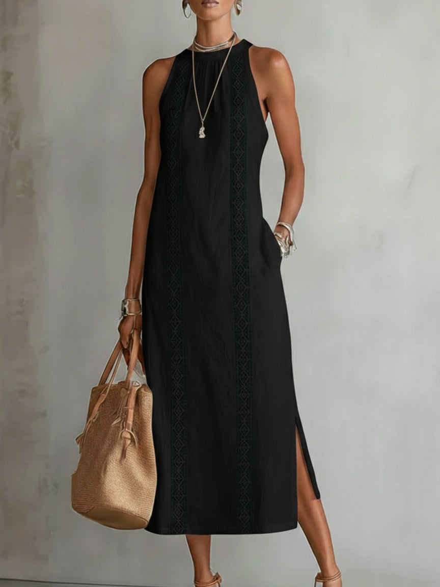 Jimena | Midi dress in linen with Mao collar