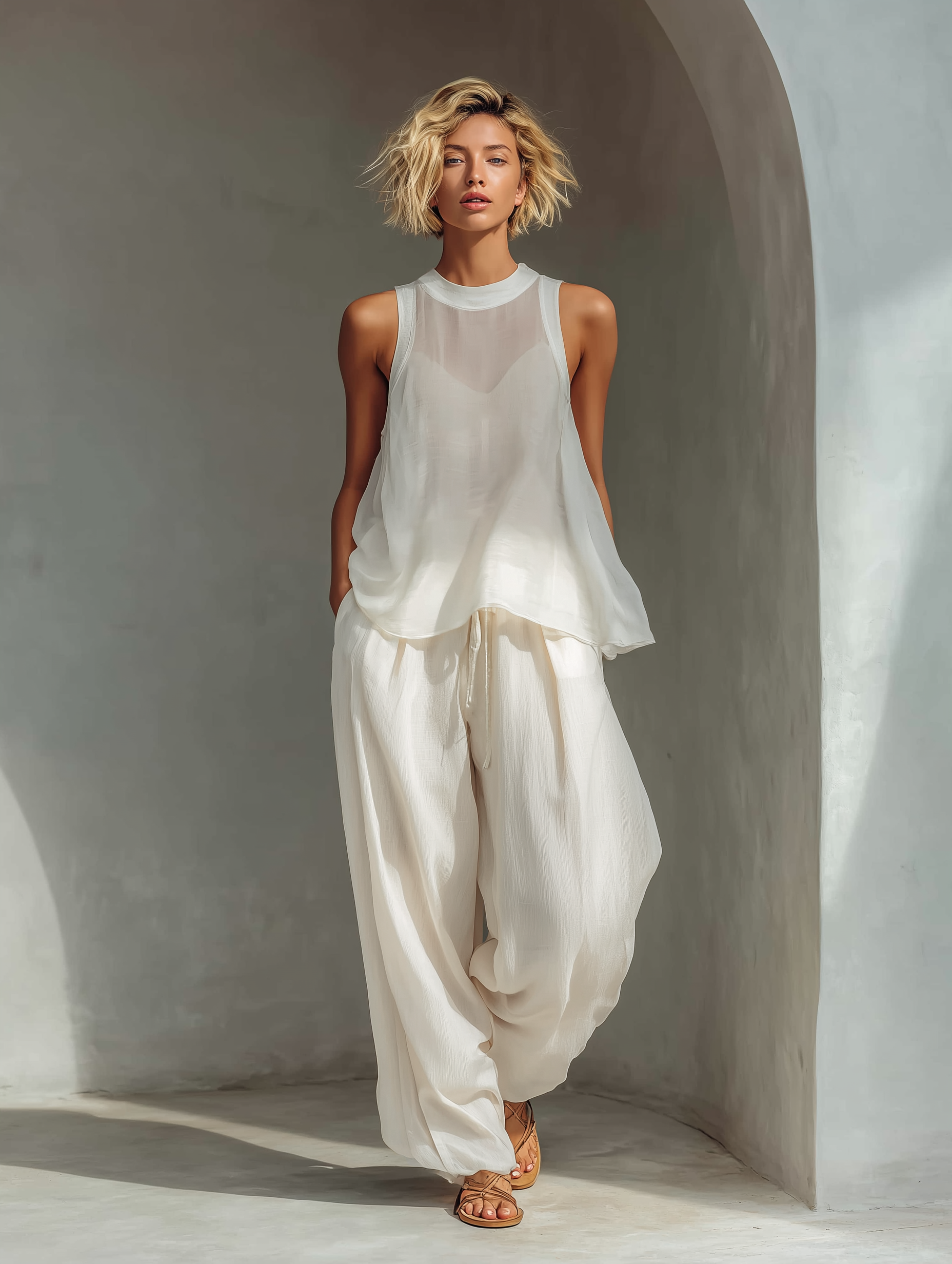 Mia | Semi-Sheer Sleeveless Top & Drawstring Wide-Leg Trousers
