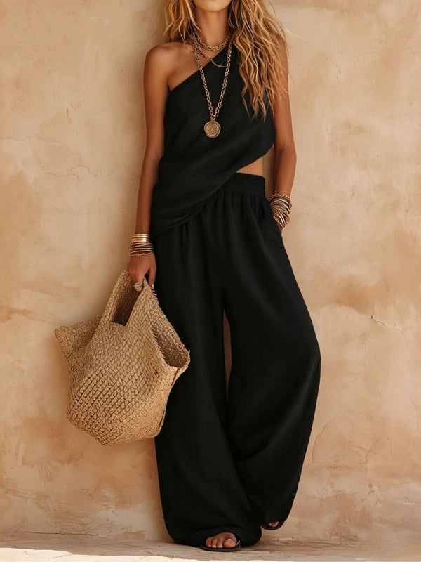 Ava | Pink One-Shoulder Sleeveless Top and Pants Set