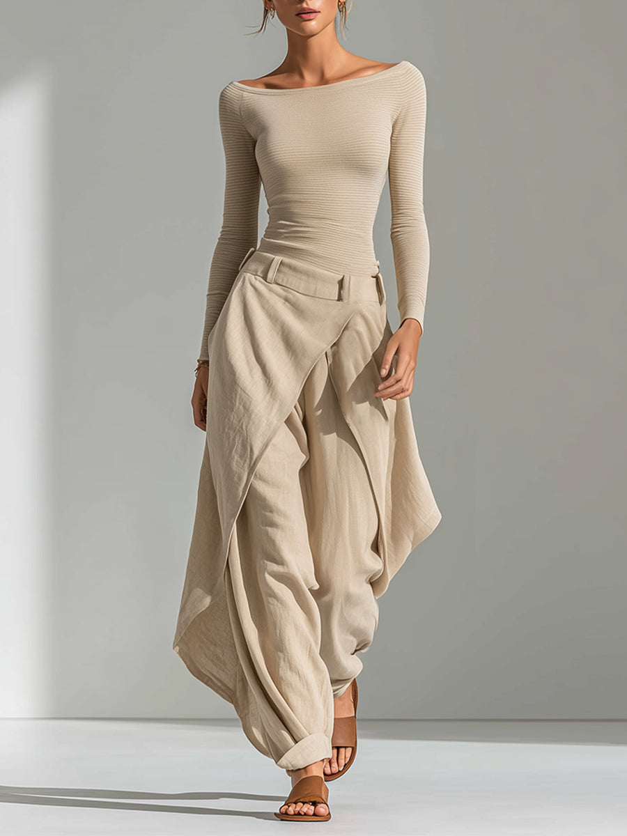 Ava | Boat Neck Top and Layered Wide-Leg Trouser Set