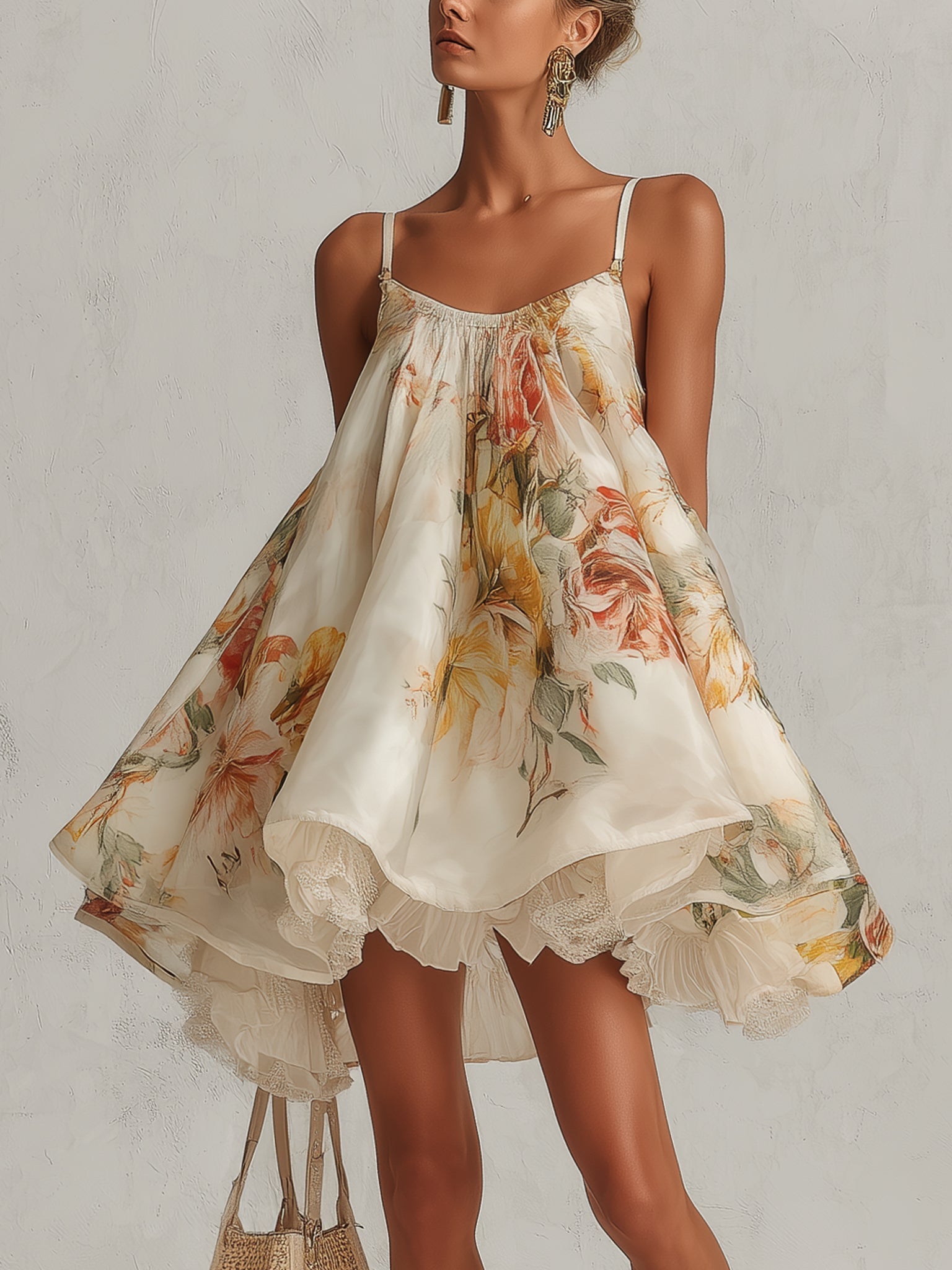 Beige Floral Organza Mini Dress