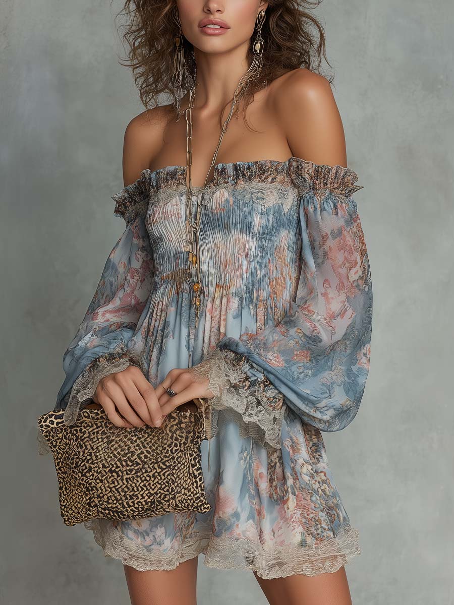 Mini Ruffled Chiffon Dress with Off-Shoulder and Romantic Flowers