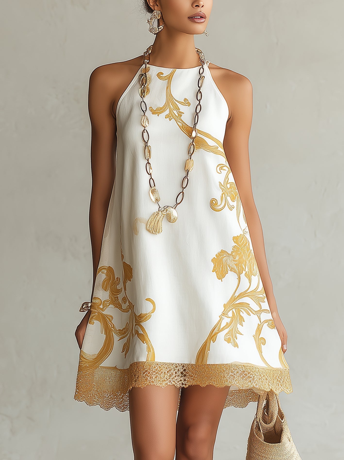 Mini Dress in White Gold Printed Lace