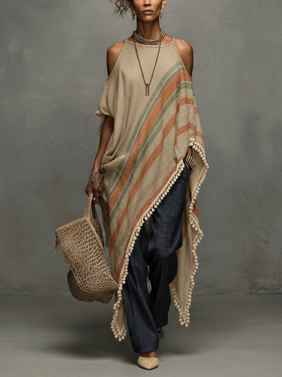 Ella | Khaki Fringe Off-Shoulder Dress
