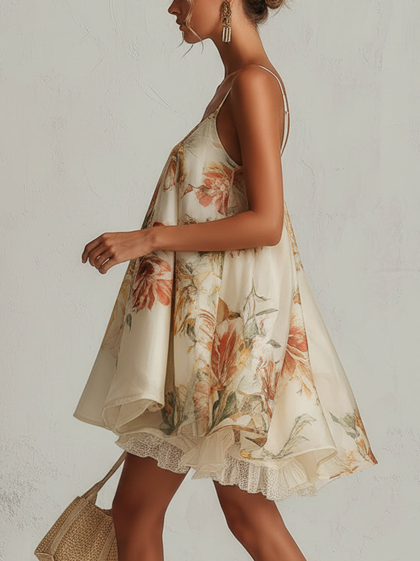 Beige Floral Organza Mini Dress