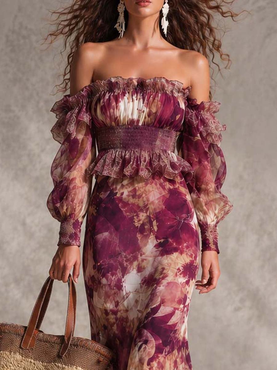 Maxi Chiffon Dress in Blush Pink with Flowers Off-Shoulder