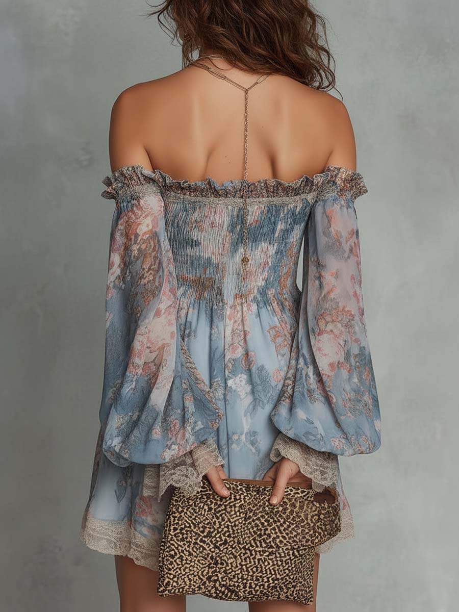 Mini Ruffled Chiffon Dress with Off-Shoulder and Romantic Flowers