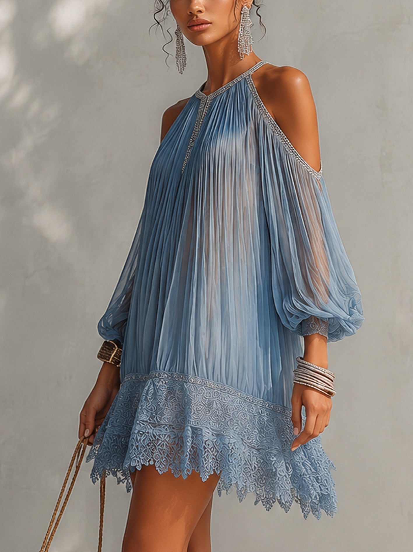 Blue Off-Shoulder Mini Dress with Lace Hem