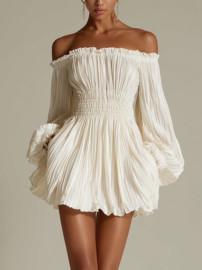 Ruffled mini dress with off-shoulder design and smocked waist in white