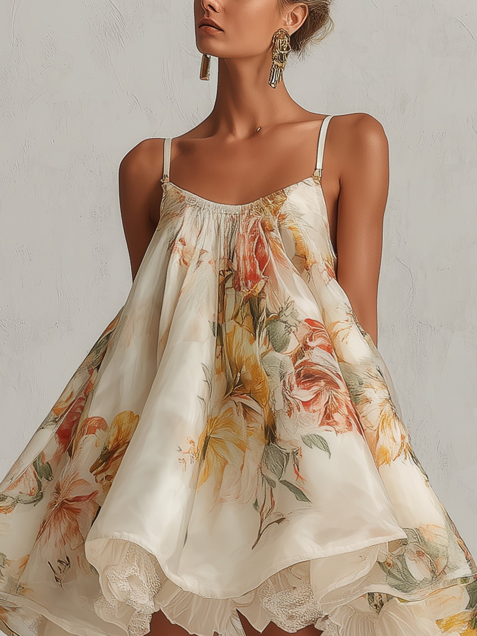 Beige Floral Organza Mini Dress