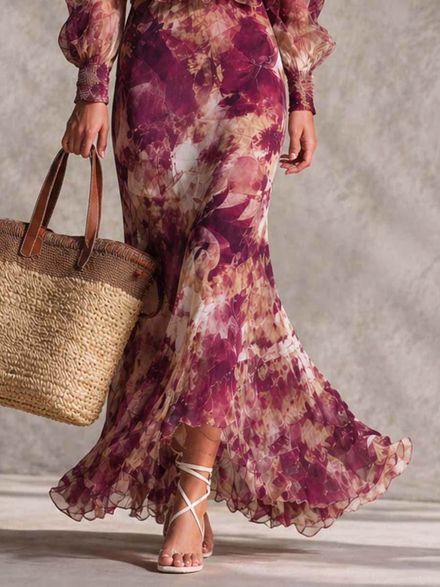Maxi Chiffon Dress in Blush Pink with Flowers Off-Shoulder