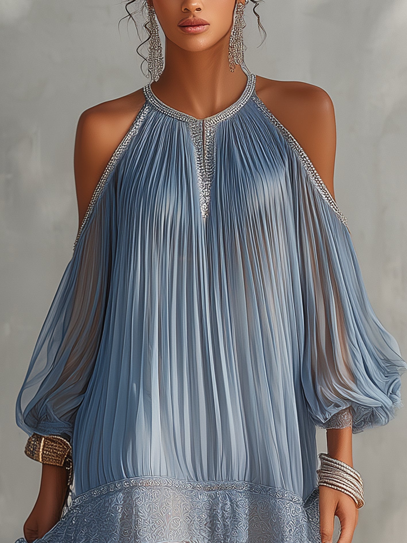 Blue Off-Shoulder Mini Dress with Lace Hem