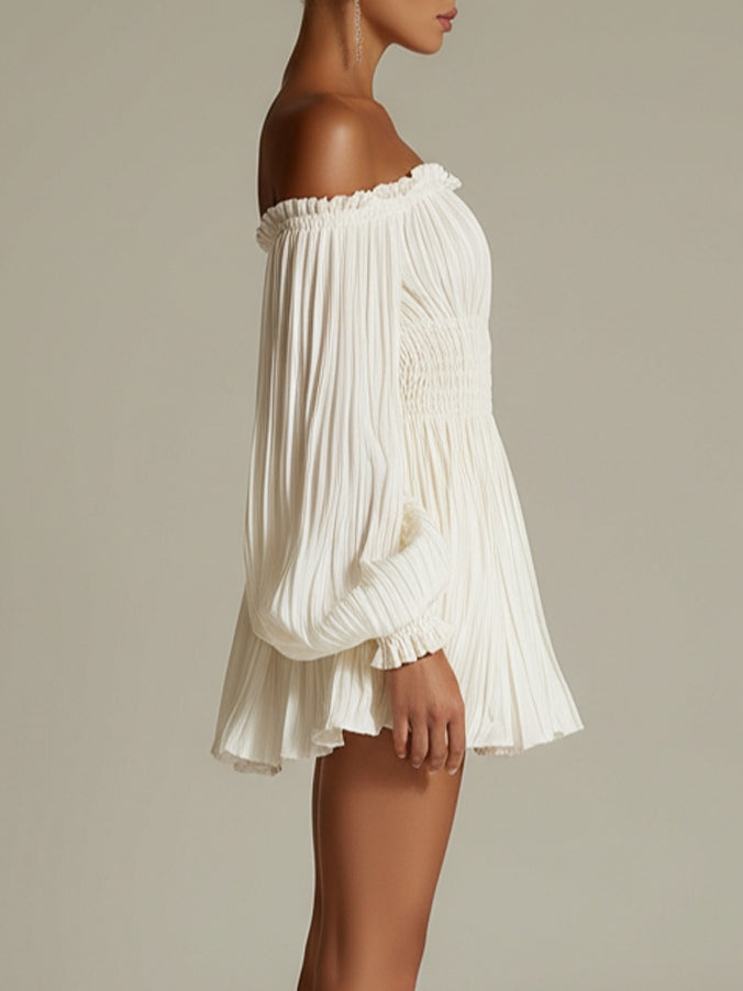 Ruffled mini dress with off-shoulder design and smocked waist in white