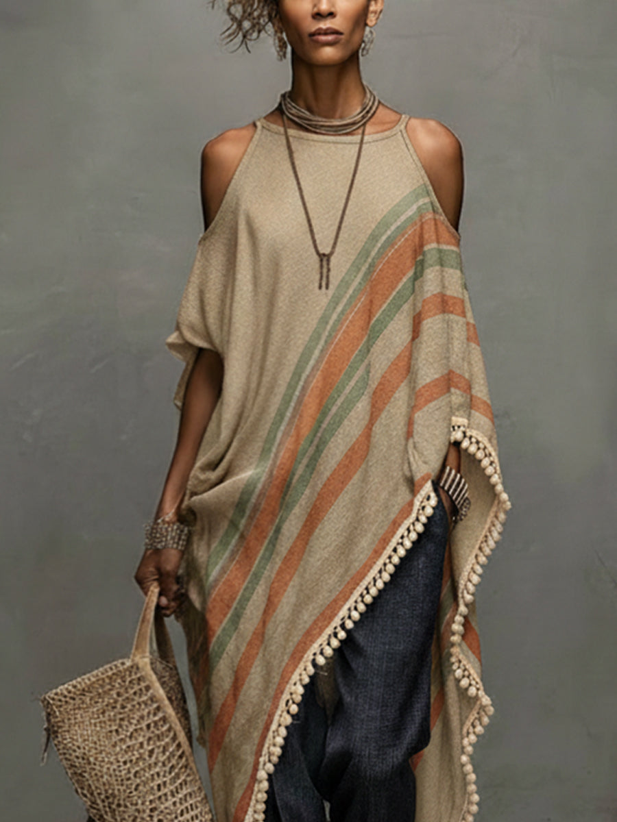 Ella | Khaki Fringe Off-Shoulder Dress