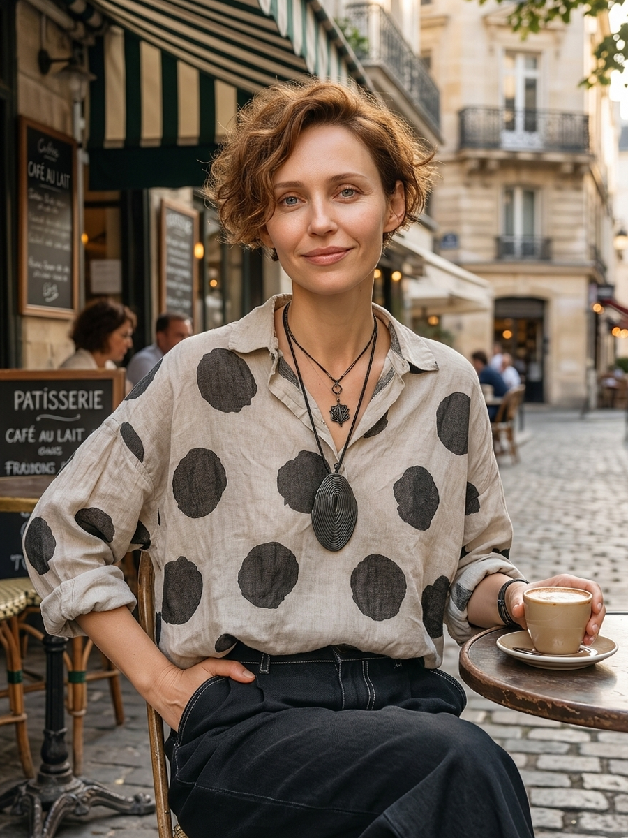 Maya | Vintage Polka-Dot V-Neck Long-Sleeve Shirt