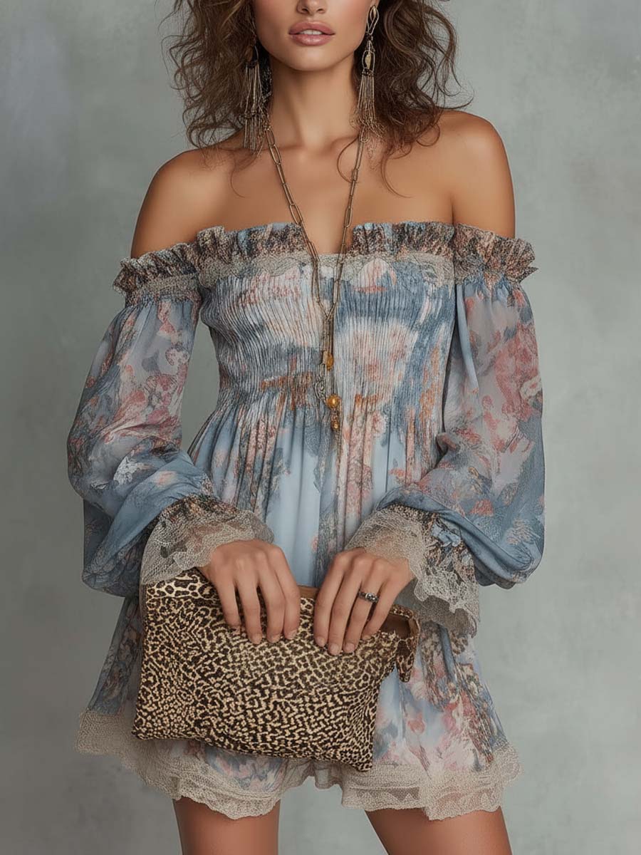 Mini Chiffon Ruffled Dress with Off-Shoulder and Romantic Flowers