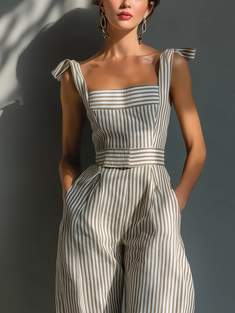Ava | Beige Stripe Tie-Shoulder Wide-Leg Jumpsuit