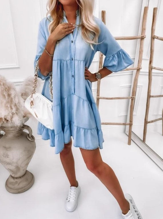 Solid Color Washed Denim Midi Dress