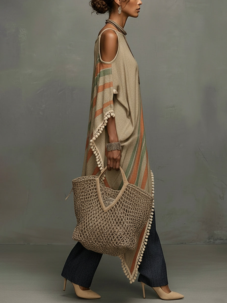Ella | Khaki Fringe Off-Shoulder Dress