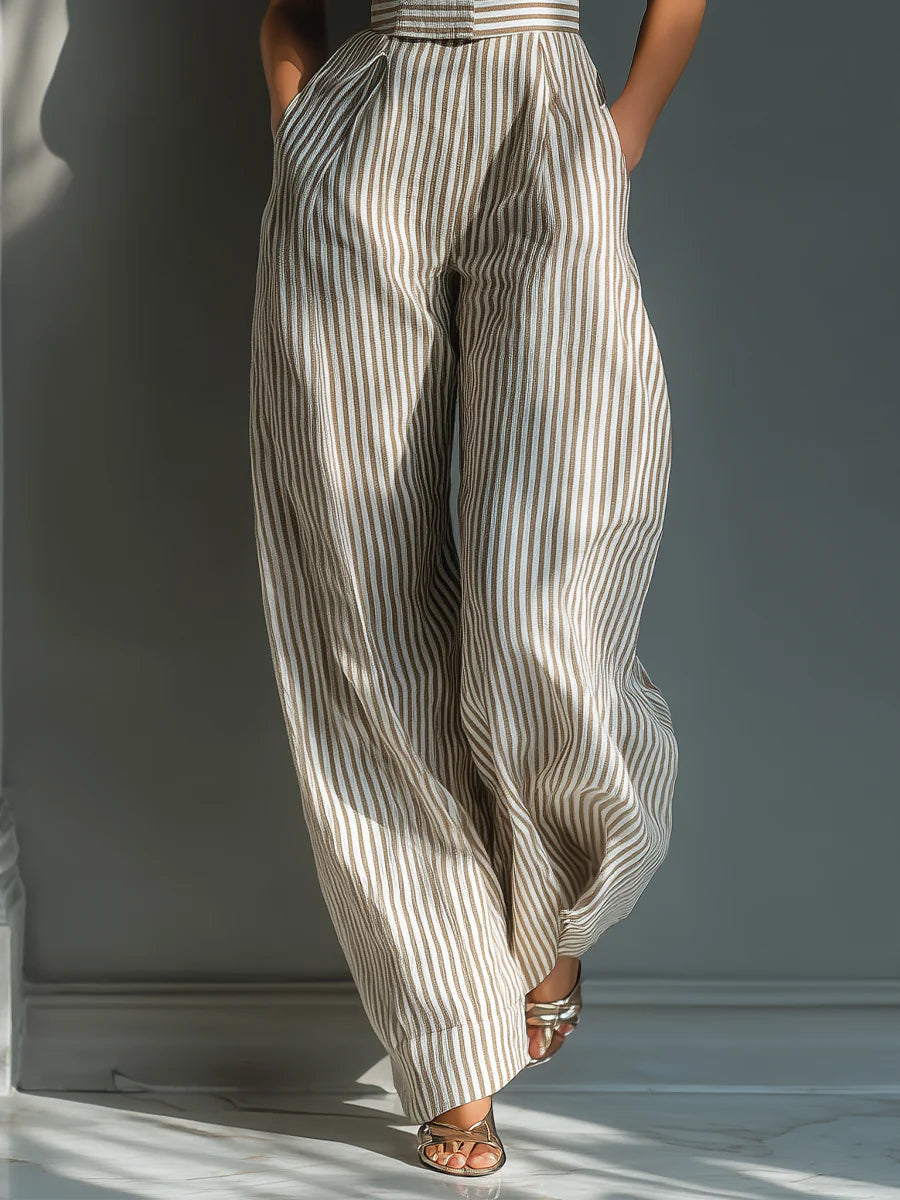 Ava | Beige Stripe Tie-Shoulder Wide-Leg Jumpsuit