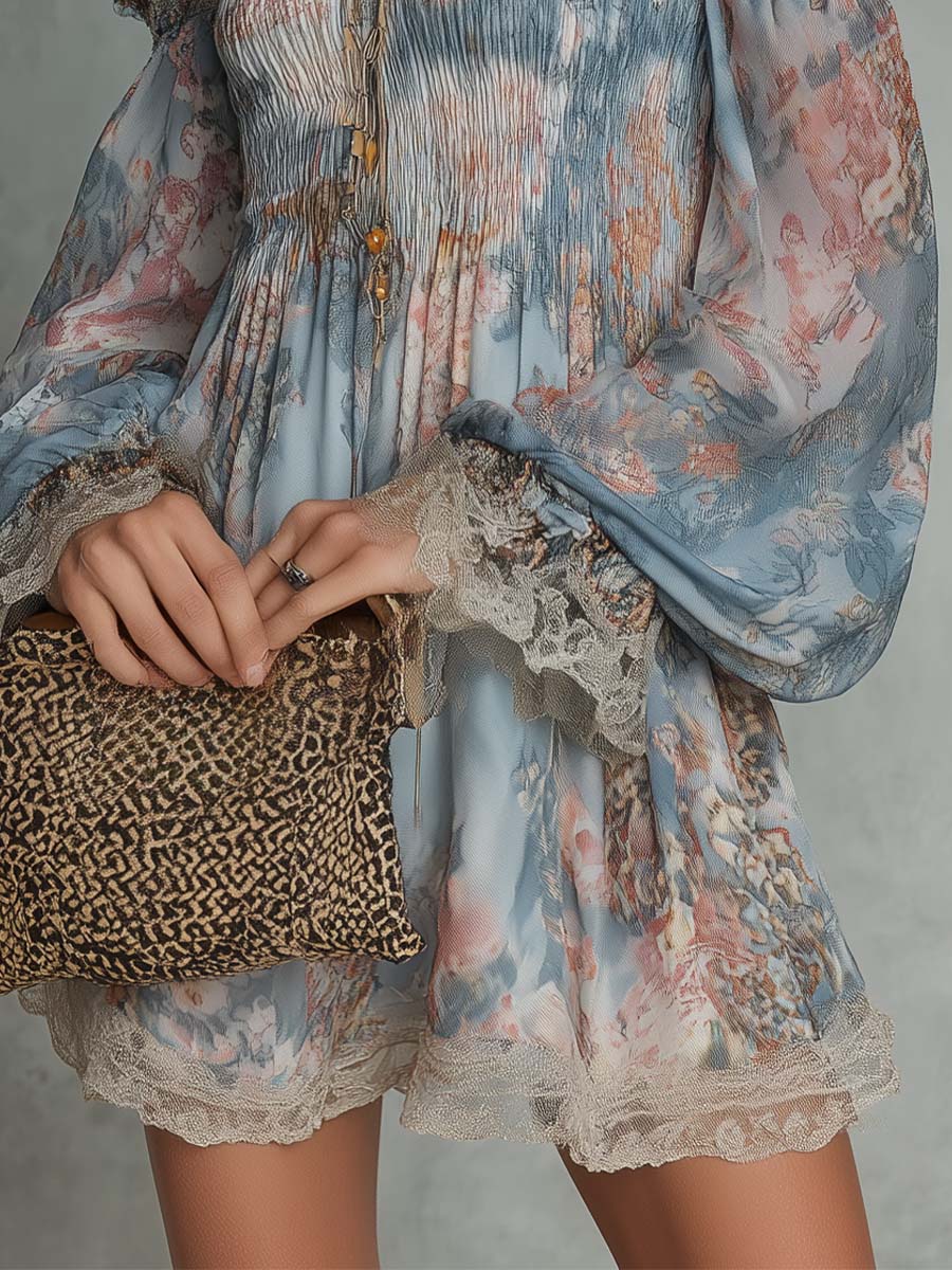Mini Chiffon Ruffled Dress with Off-Shoulder and Romantic Flowers