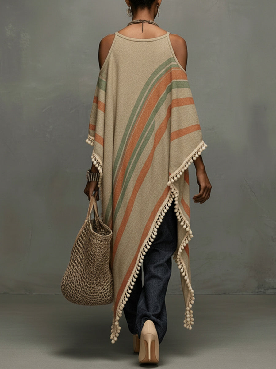 Ella | Khaki Fringe Off-Shoulder Dress