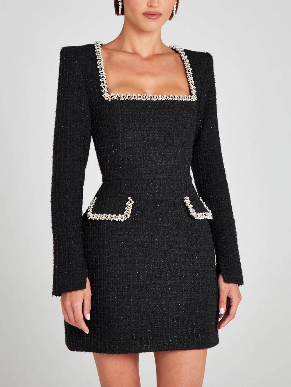 Elegant and Playful Mini Dress with Pockets and Pearl Trim