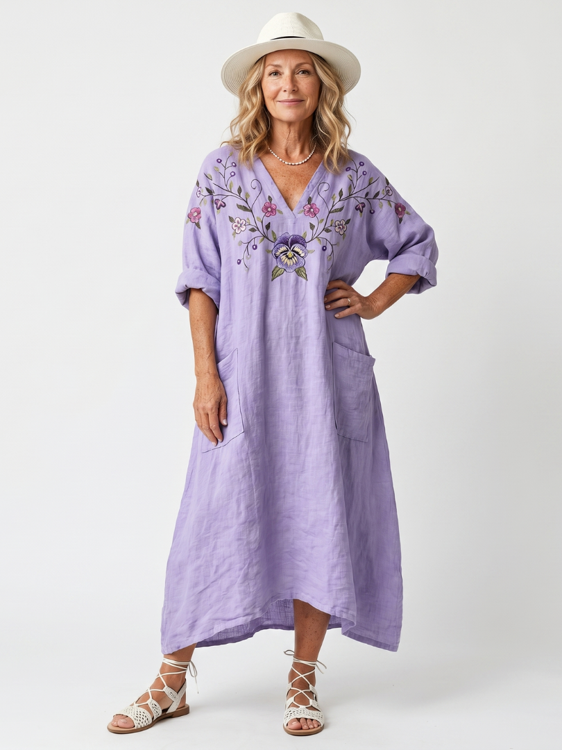 Lila | Floral Embroidered Oversized Pocket Midi Dress