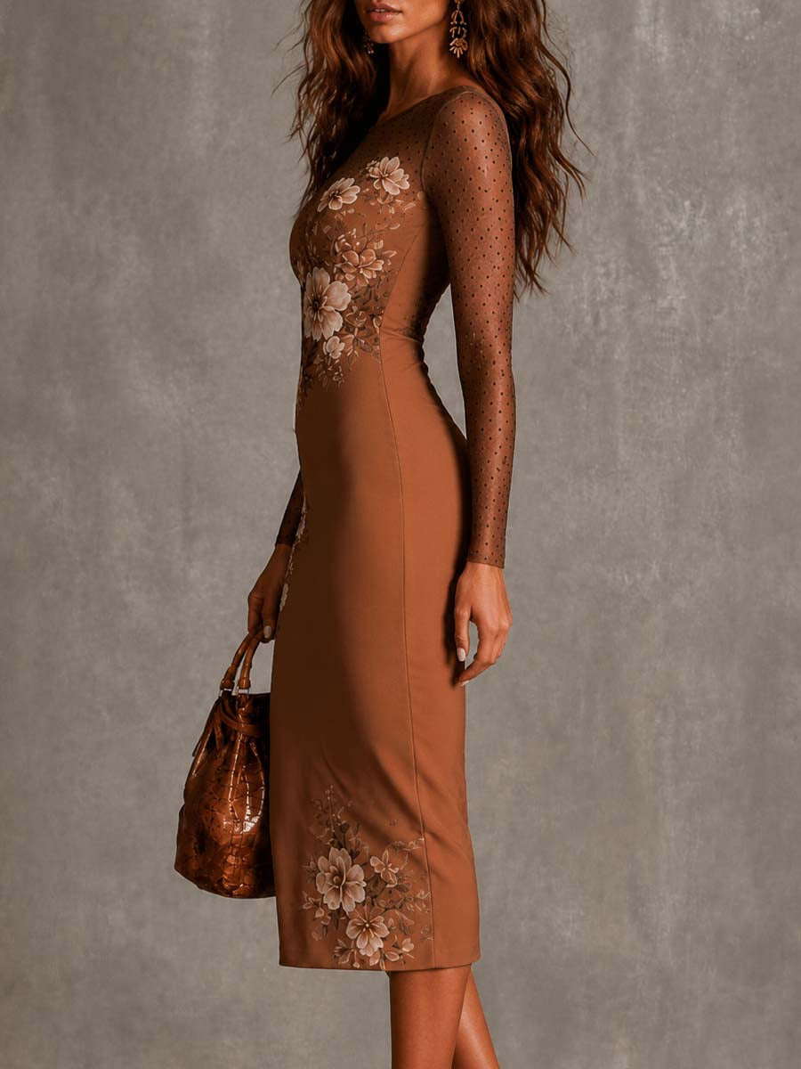 Vintage Floral Print Polka Dot Mesh Long Sleeve Bodycon Midi Dress